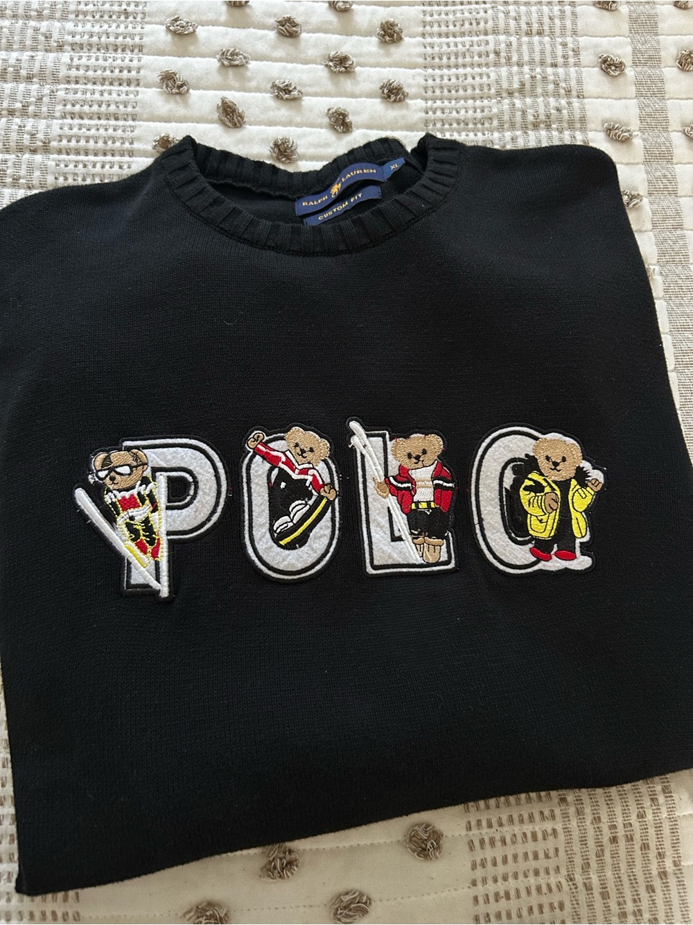Ralph Lauren Black Crewneck Sweater with Polo Bear Embroidered Logo